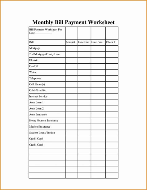 Blank Monthly Bill Payment Worksheet Calendar Template Printable