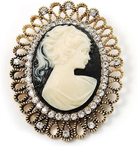 Avalaya Vintage Antique Gold Cameo Crystal Brooch Brooches