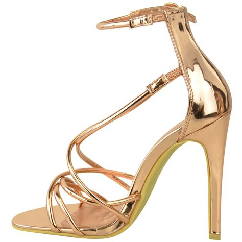 Womens Ladies Rose Gold Barely There High Heel Party Sandals Ankle