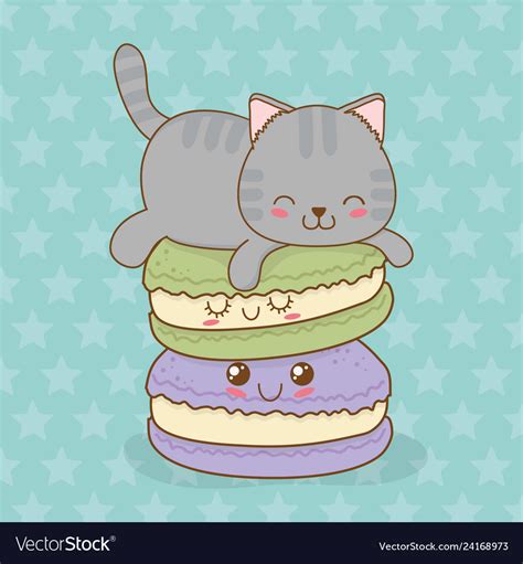 Cute Little Cat With Sweet Donut Kawaii Character Vector Image