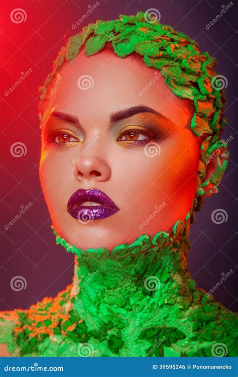Vertical Photo Of Sensial Caucasian Woman With Creative Multicolored Makeup Stock Photo Image