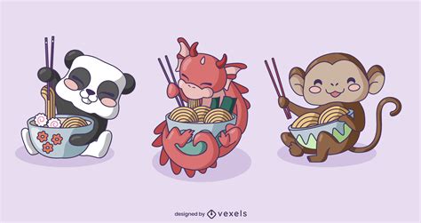 Animal Characters Eating Ramen Set Vector Download