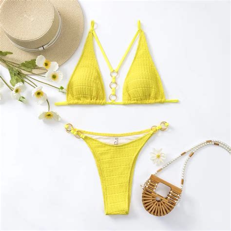 Yellow Micro Bikini For Women Summer Two Piece Swimsuit Sexy Triangle Cup Suspender Backle