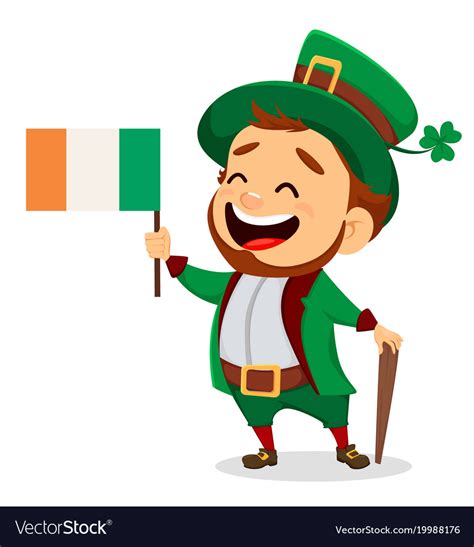 Cartoon Funny Leprechaun With Irish Flag And Cane Vector Image