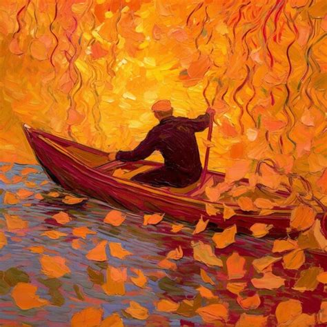 Premium Ai Image A Painting Of A Man In A Boat With Leaves On It