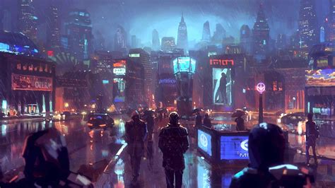 Download 1920x1080 Cyberpunk City Sci Fi Raining People