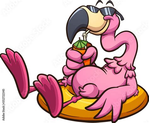 Pink Flamingo With Sunglasses Resting On A Lifesaver And Having A