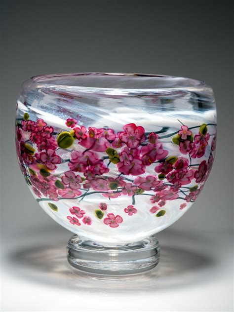 Cherry Blossom Footed Bowl On White By Shawn Messenger Art Glass Bowl