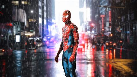 Spiderman Standing In Rain Spiderman Superheroes Digital Art Hd