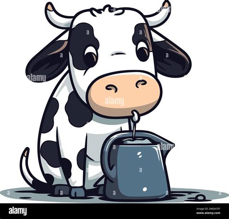Cute Cartoon Cow Drinking Milk From A Kettle Vector Illustration Stock