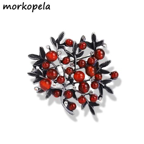 Morkopela Red Stone Trees Brooch Natural Stone Pin Vintage Bouquet