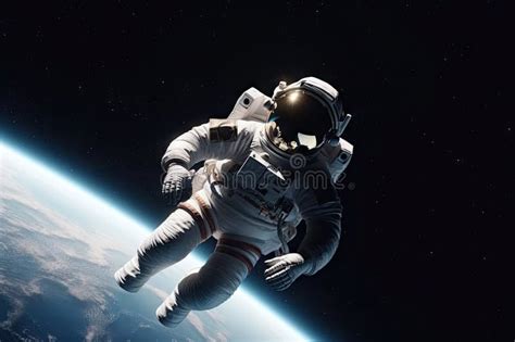 Astronaut Floating In The Zero Gravity Of Space With View Of Distant
