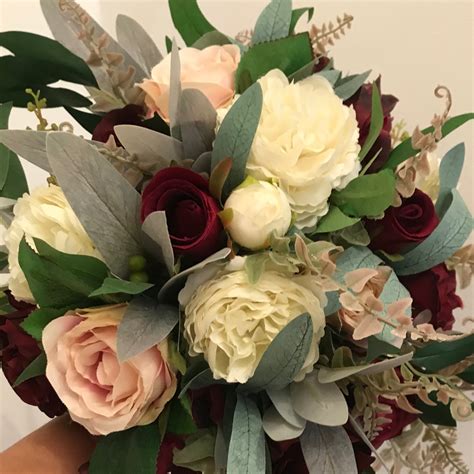 Wedding Bouquet Of Artificial Silk Ivory And Burgundy Rose Flowersn N