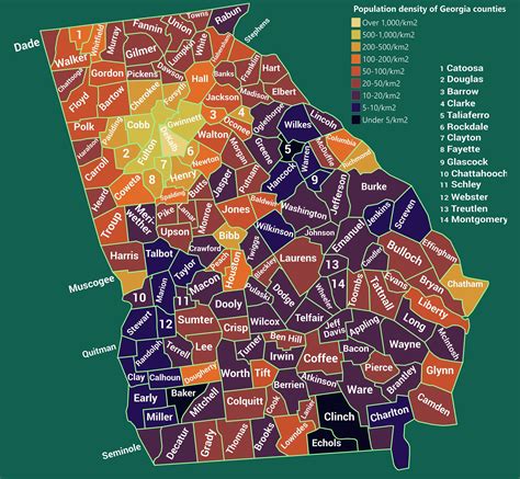 Population density of Georgia counties (2018) : r/Georgia