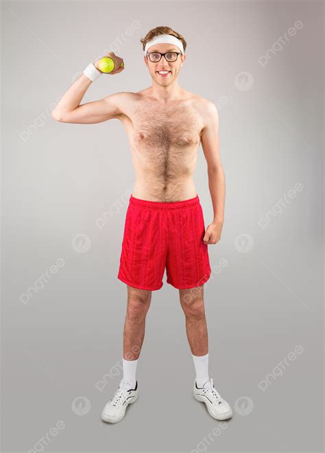 Geeky Shirtless Hipster Posing With Dumbbell Strength Caucasian Geek