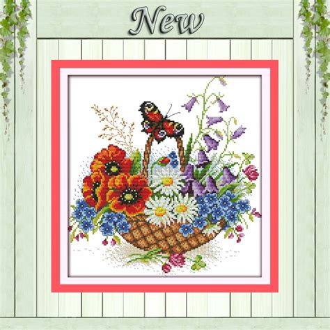 Flower Basket And Butterfly Painting Home Decor 11ct Counted Print On