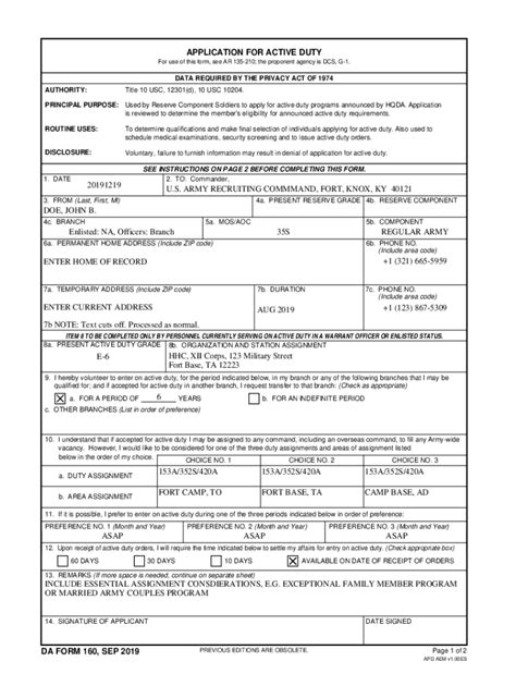 Fillable Online Application For Active Duty Da Form 160 Sep 2019 Fax