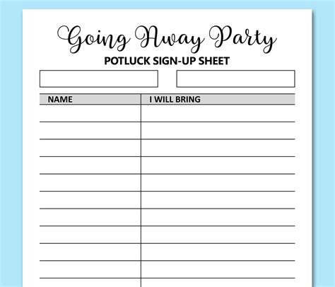 Going Away Party Potluck Sign Up Sheet Printable Signup Form Etsy Ireland