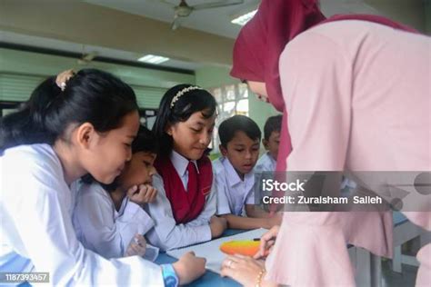 Asiatische Lehrerin In Hijab Unterrichtende Grundschüler Im