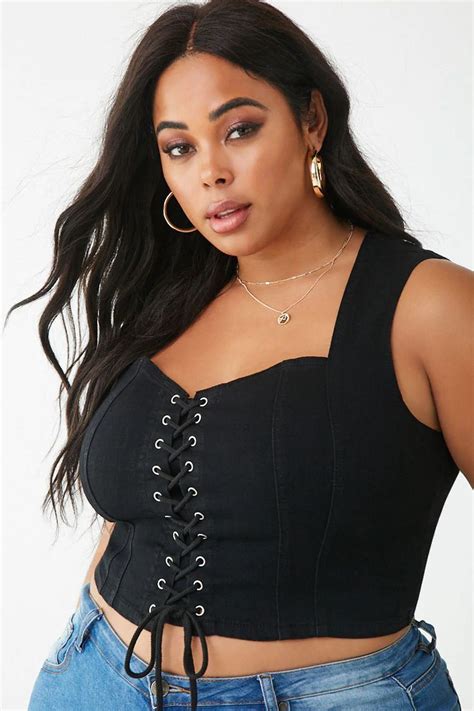 Plus Size Denim Lace Up Crop Top Forever 21 Fashion Plus Size Crop