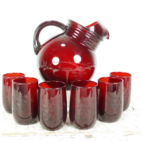 Kitchen And Dining Drink And Barware Beautiful Vintage Set Of 5 Anchor Hocking Royal Ruby Red Glass