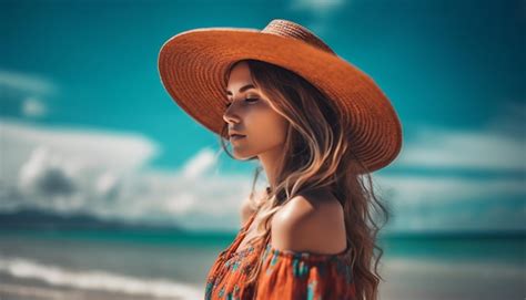Premium Photo A Woman In A Hat Stands On A Beach Wearing A Hat