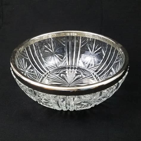 Vintage Crystal Bowl With Silver Plate Rim Cut Glass Large Etsy