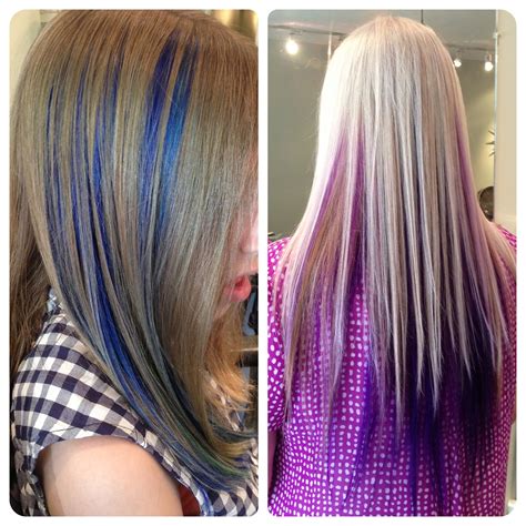 Brown hair no longer has to be dull and mousy. Blue and purple highlight peekaboo panels in brown and ...