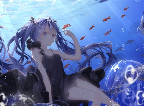 Anime Girls Dress Blue Hair Jellyfish Hatsune Miku Bubbles Fish