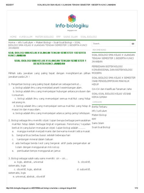 Soal Biologi Sma Kelas x Ulangan Tengah Semester 1 Beserta ...