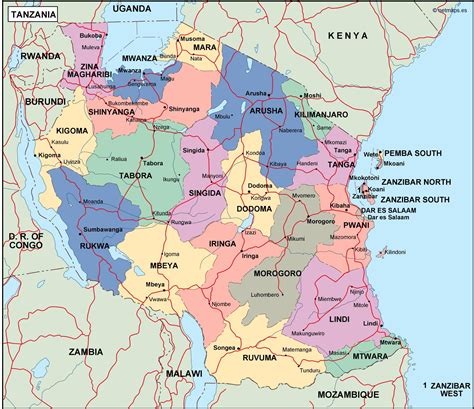 Large Detailed Administrative Map Of Tanzania With All Cities Roads
