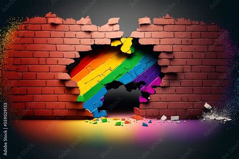 Crumbling Brick Wall With Rainbow Brick Wall Behind Lgbt Concept Of