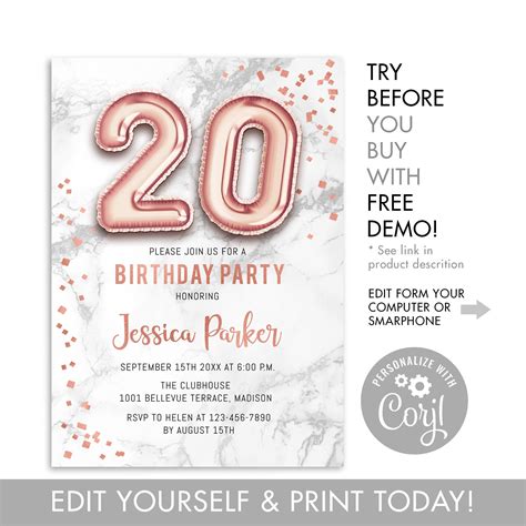 20th Birthday Party Invitation Instant Download Digital Etsy