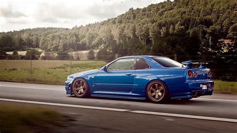 Hd Wallpaper Blue Nissan Skyline R34 Auto Road Trees Forest