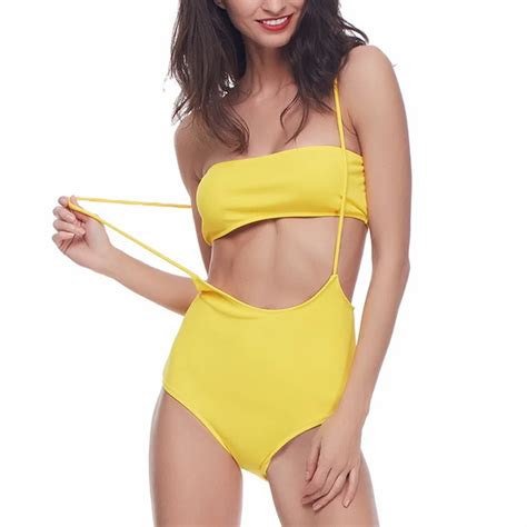 Buy Calofe Women Swimsuit One Pieces Swimwear Female Yellow Sexy High Waist