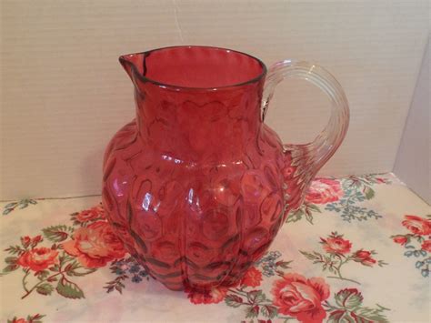 Vintage Cranberry Glass Pitcher With Reed Handle Vintage Etsy In 2021 Cranberry Glass