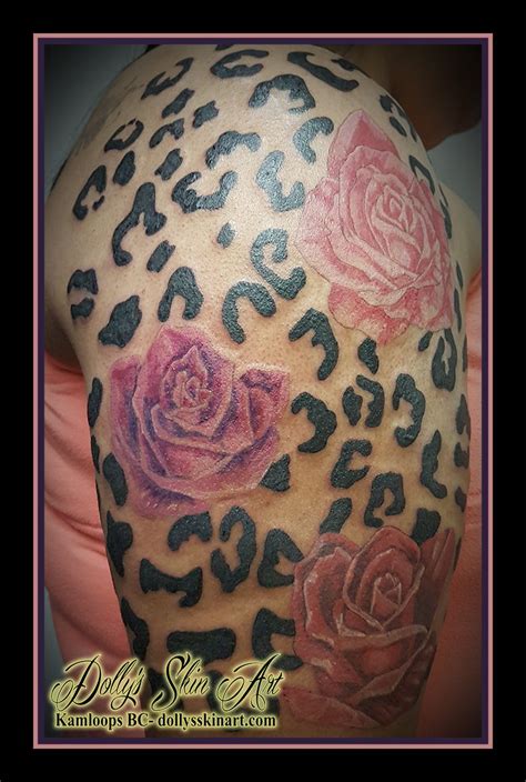 Colour Pink Red Roses Leopard Spots Black Arm Tattoo Kamloops Dollys