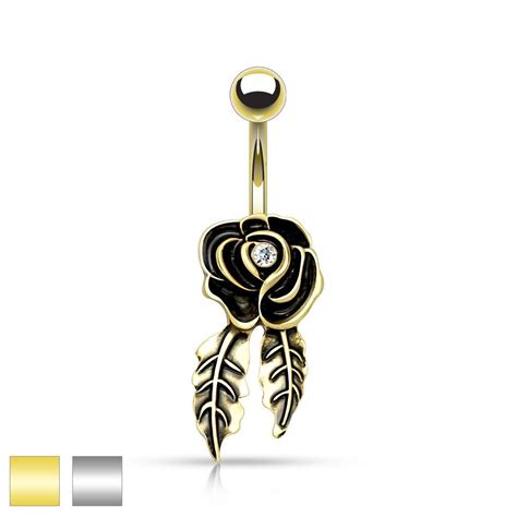 Rose Belly Ring Specifications 14ga Surgical Stainless Steel 38 Barbell Rhinestone Gem Center