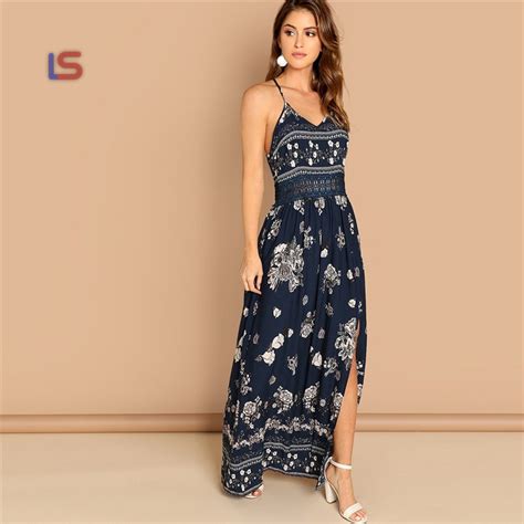 Buy Navy Lace Waist Split Front Cami Slim Floral Print Sleeveless