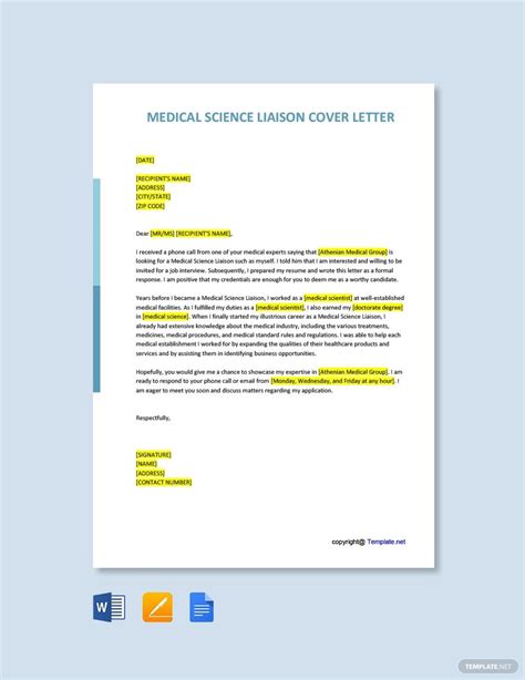 I'm capable of handling patient medical records, filing insurance claims, performing medical coding tasks, instructing patients on the protocol and collecting and preparing medical information for recordkeeping. Medical Science Liaison Cover Letter Template [Free PDF ...