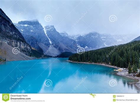 Cold And Foggy Moraine Lake At Banff National Park Stock