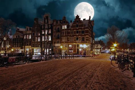 Snowy Amsterdam At Night Stock Photo Image Of Facade 17410966
