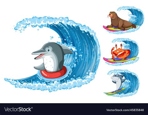 Sea Animals Surfing Cartoon Character Royalty Free Vector