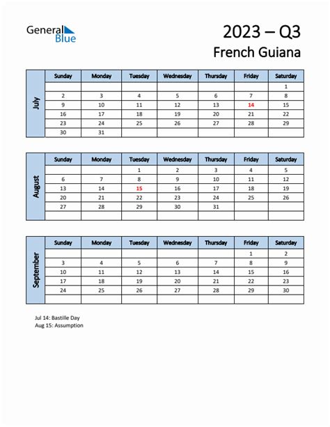 Q3 2023 Quarterly Calendar With French Guiana Holidays