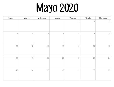 Calendario Mayo 2020 Para Imprimir Pdf