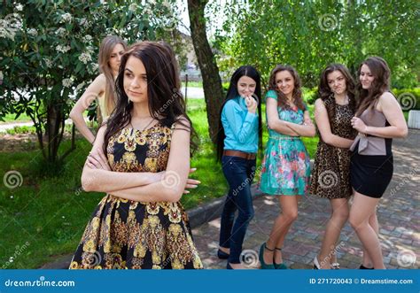 University Students Bullying Their Group Mate College Girl Stock Image