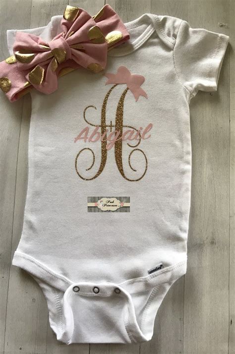 Baby Girl Gold Glitter Personalized With Fancy Monogram Onesie Any