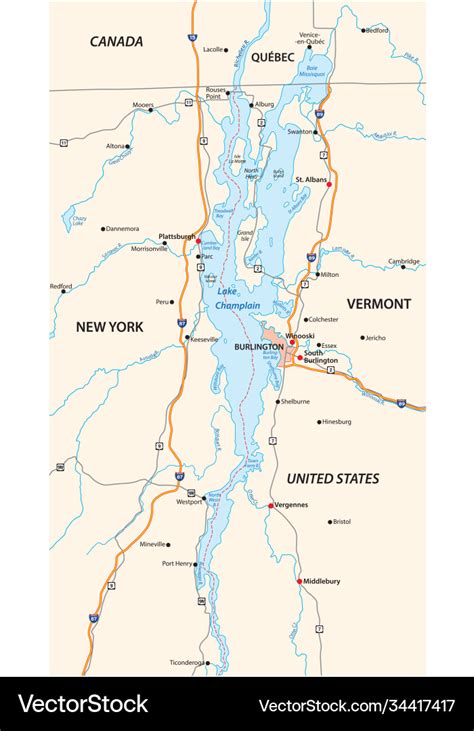 Map North American Lake Champlain Royalty Free Vector Image