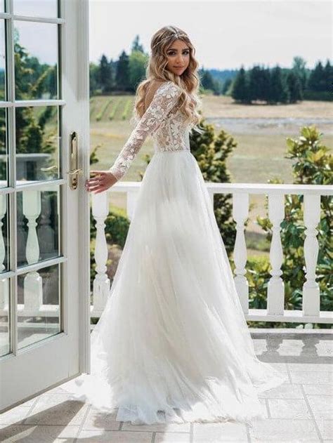 2018 Chic A Line Long Sleeve Lace See Through Wedding