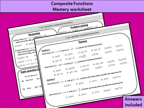 Composite Functions Mastery Worksheet Teaching Resources